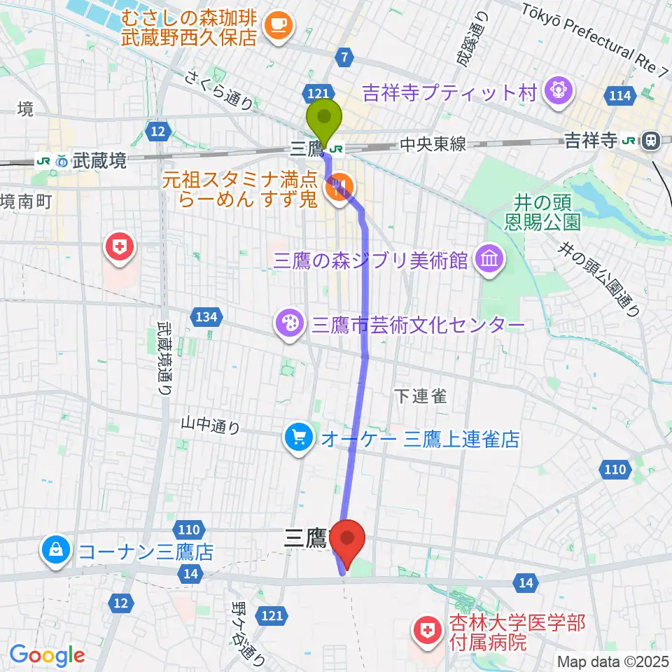 SUBARU総合スポーツセンターの最寄駅三鷹駅からの徒歩ルート（約39分）地図
