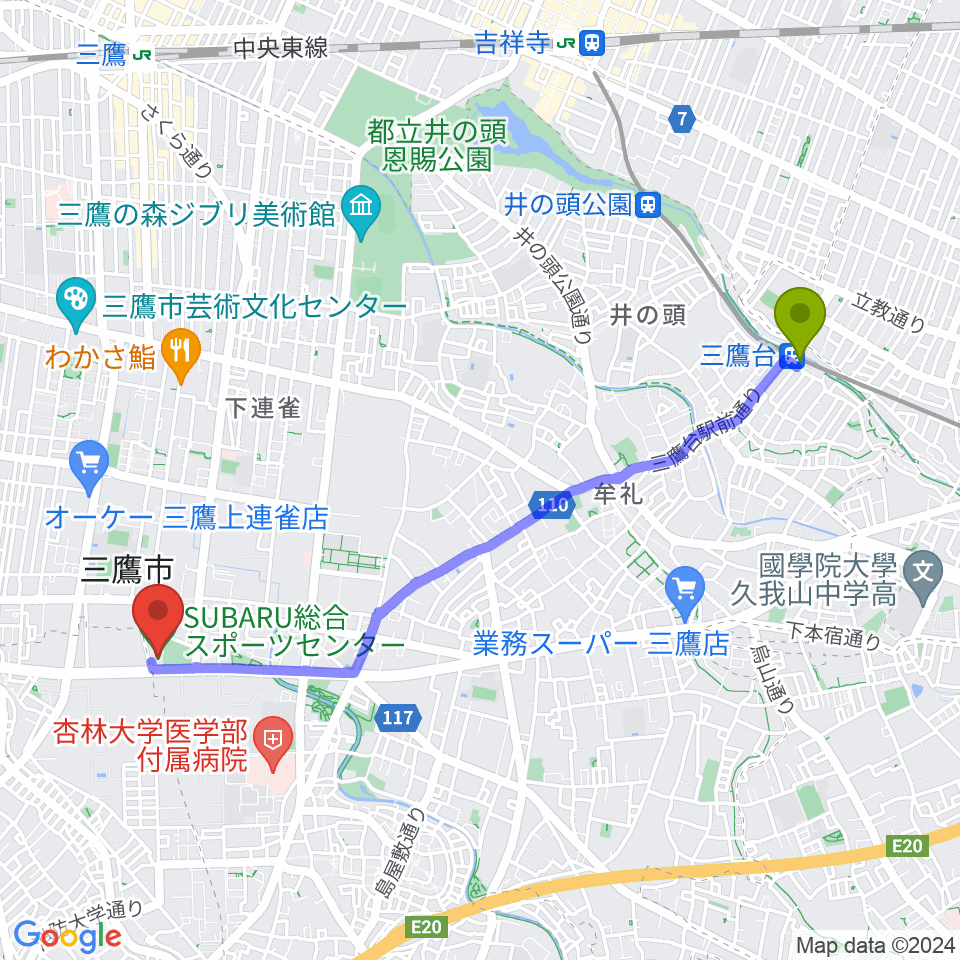 三鷹台駅からSUBARU総合スポーツセンターへのルートマップ地図