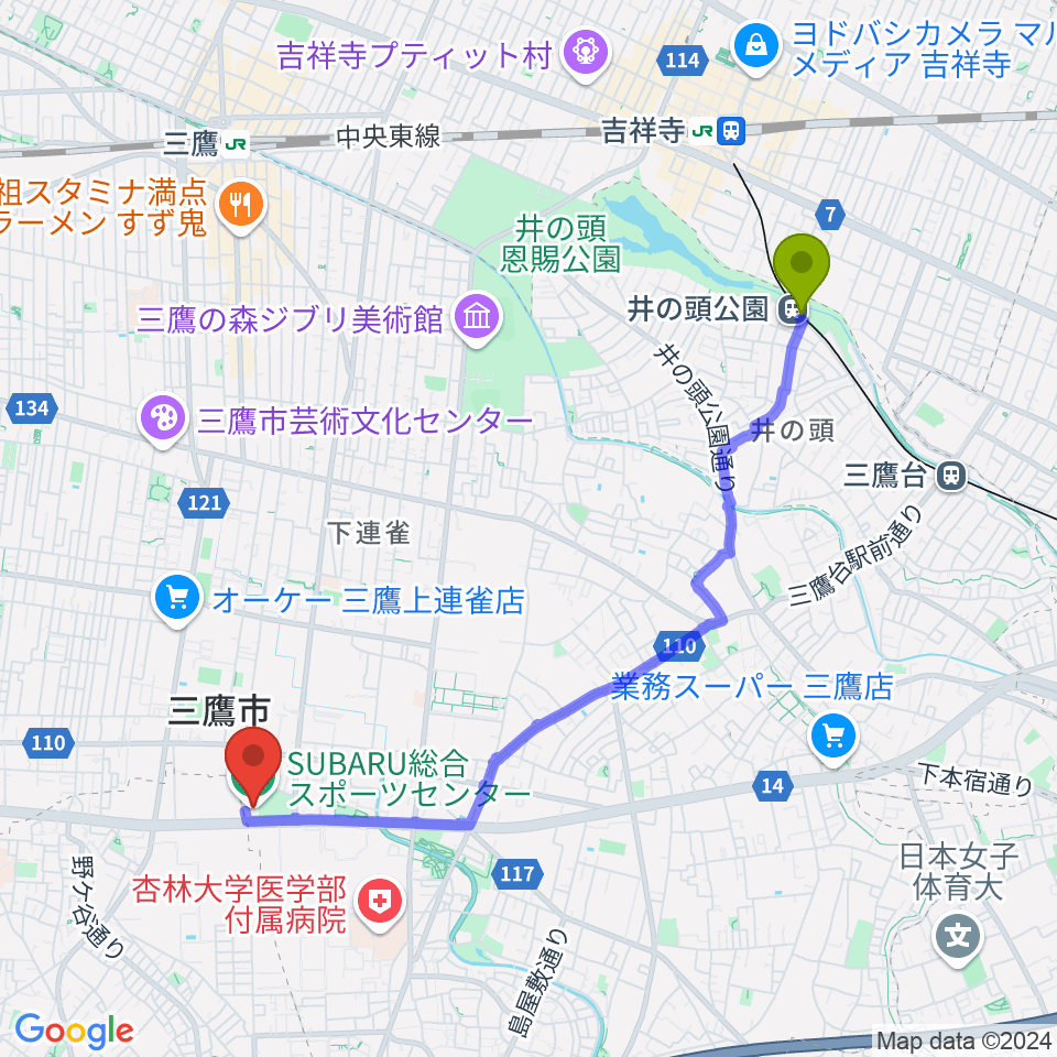 井の頭公園駅からSUBARU総合スポーツセンターへのルートマップ地図