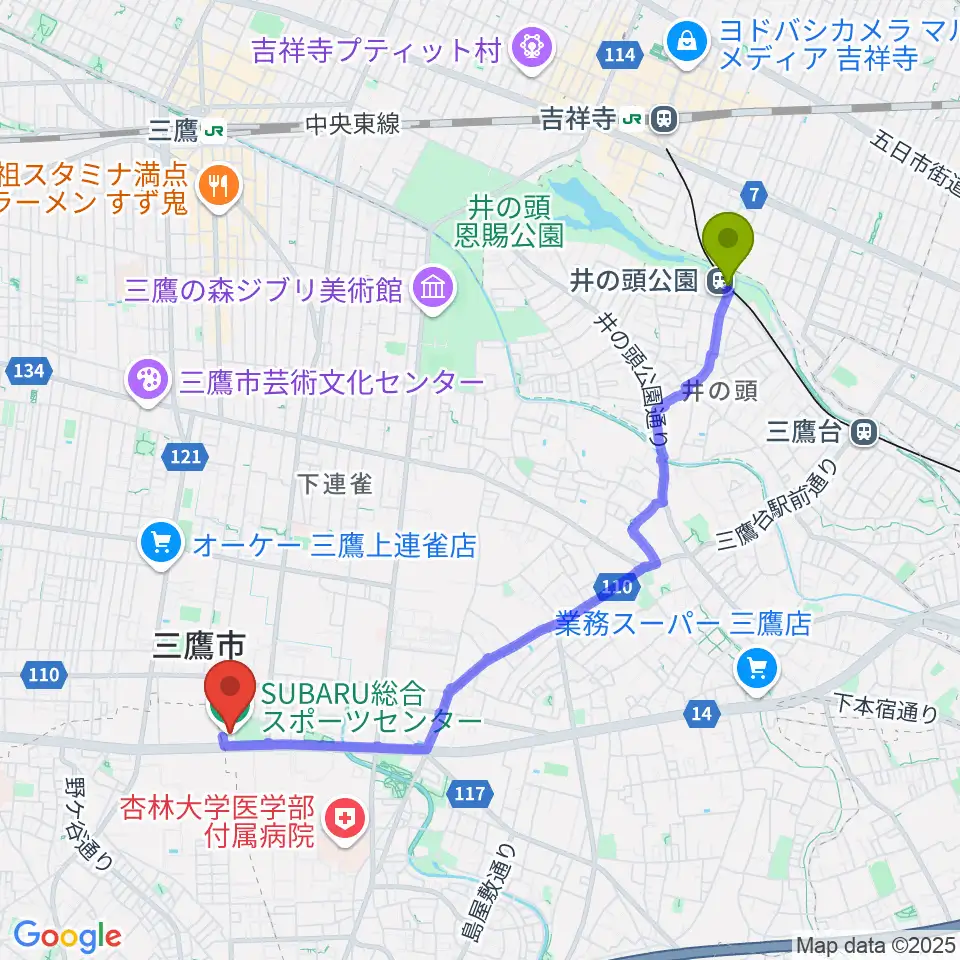 井の頭公園駅からSUBARU総合スポーツセンターへのルートマップ地図