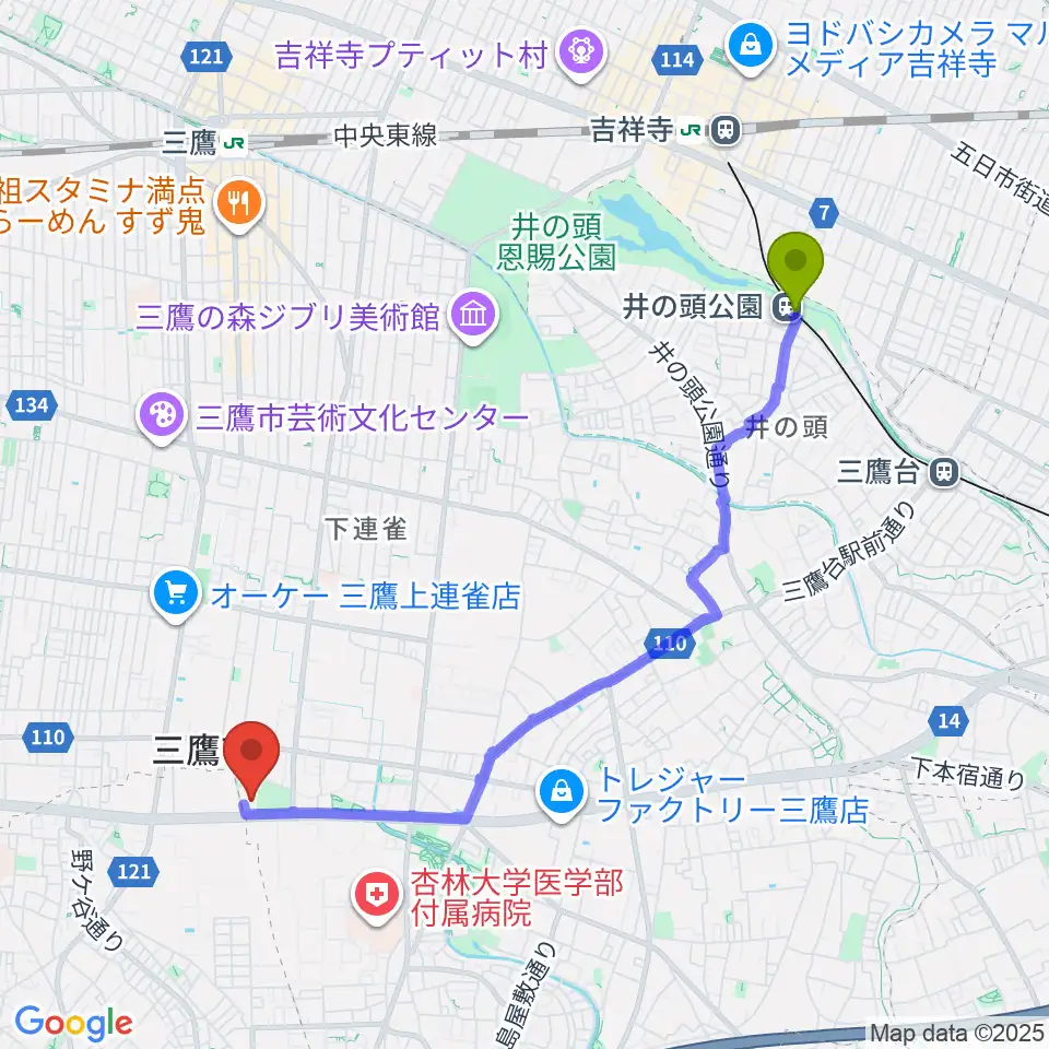 井の頭公園駅からSUBARU総合スポーツセンターへのルートマップ地図