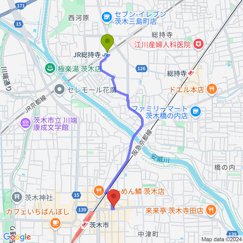 JR総持寺駅からマリアナカフェへのルートマップ地図