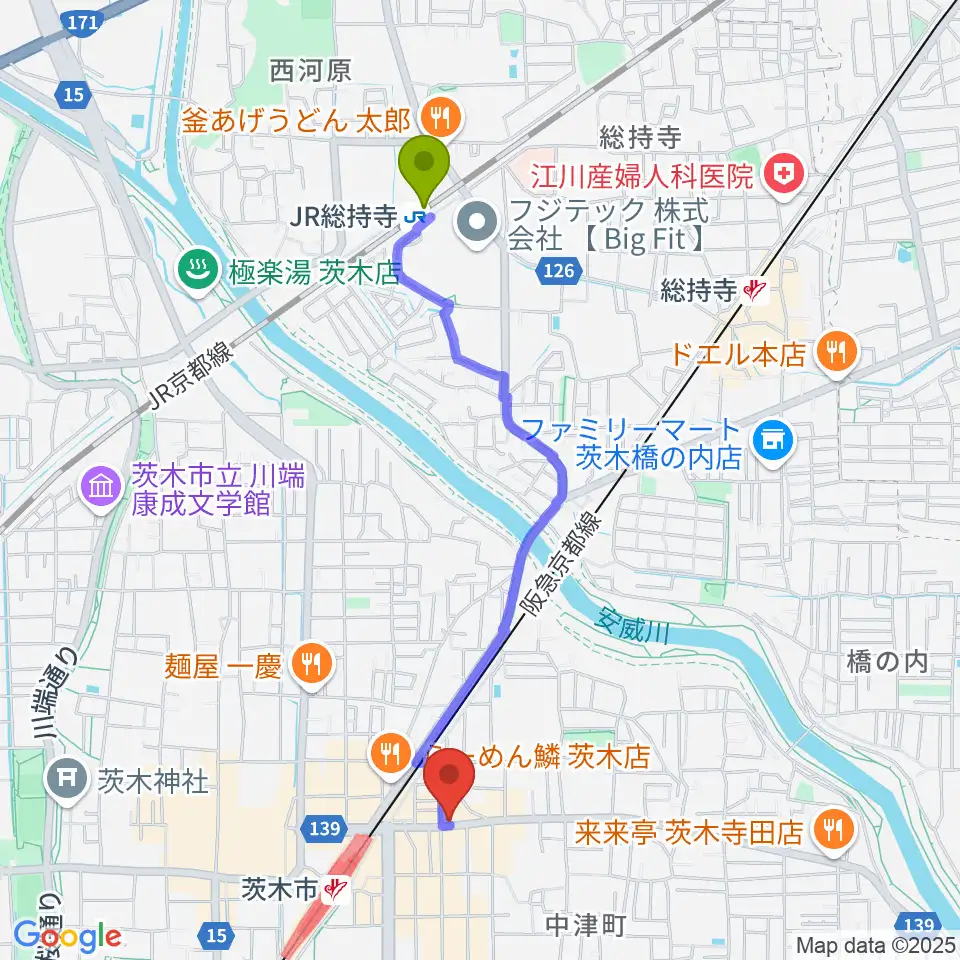 JR総持寺駅からマリアナカフェへのルートマップ地図