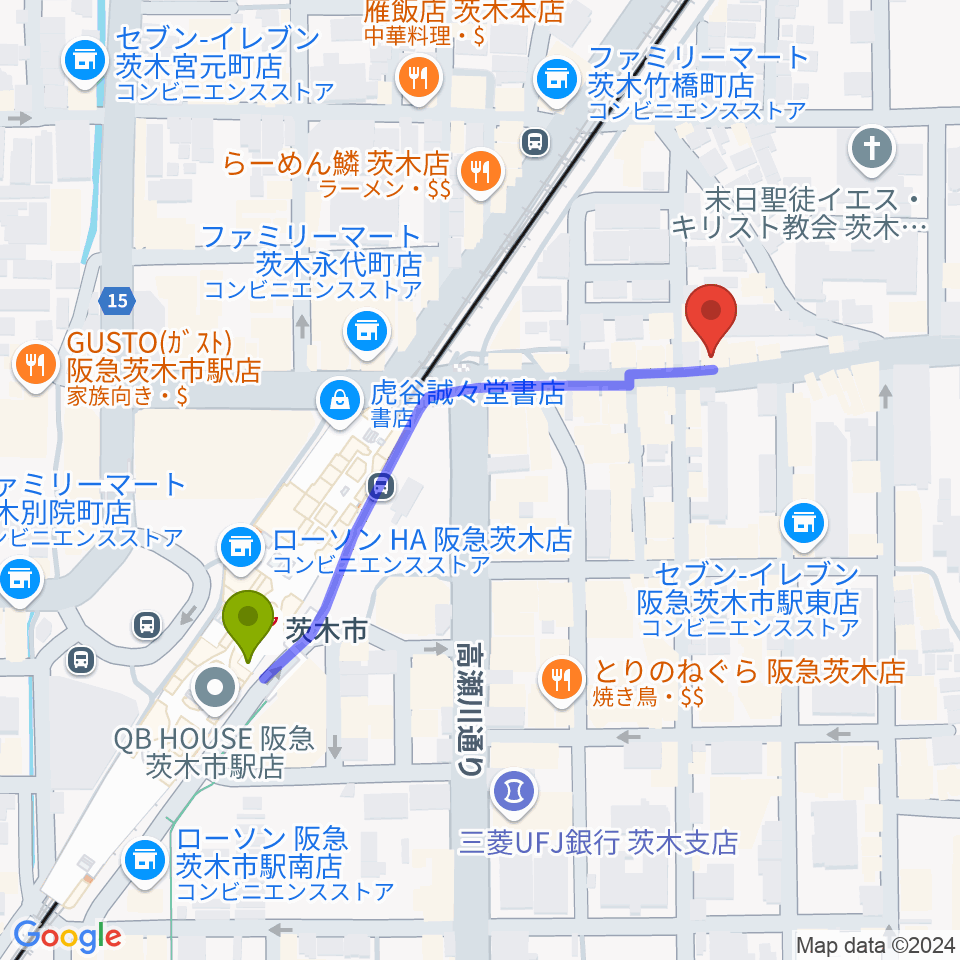 マリアナカフェの最寄駅茨木市駅からの徒歩ルート（約5分）地図