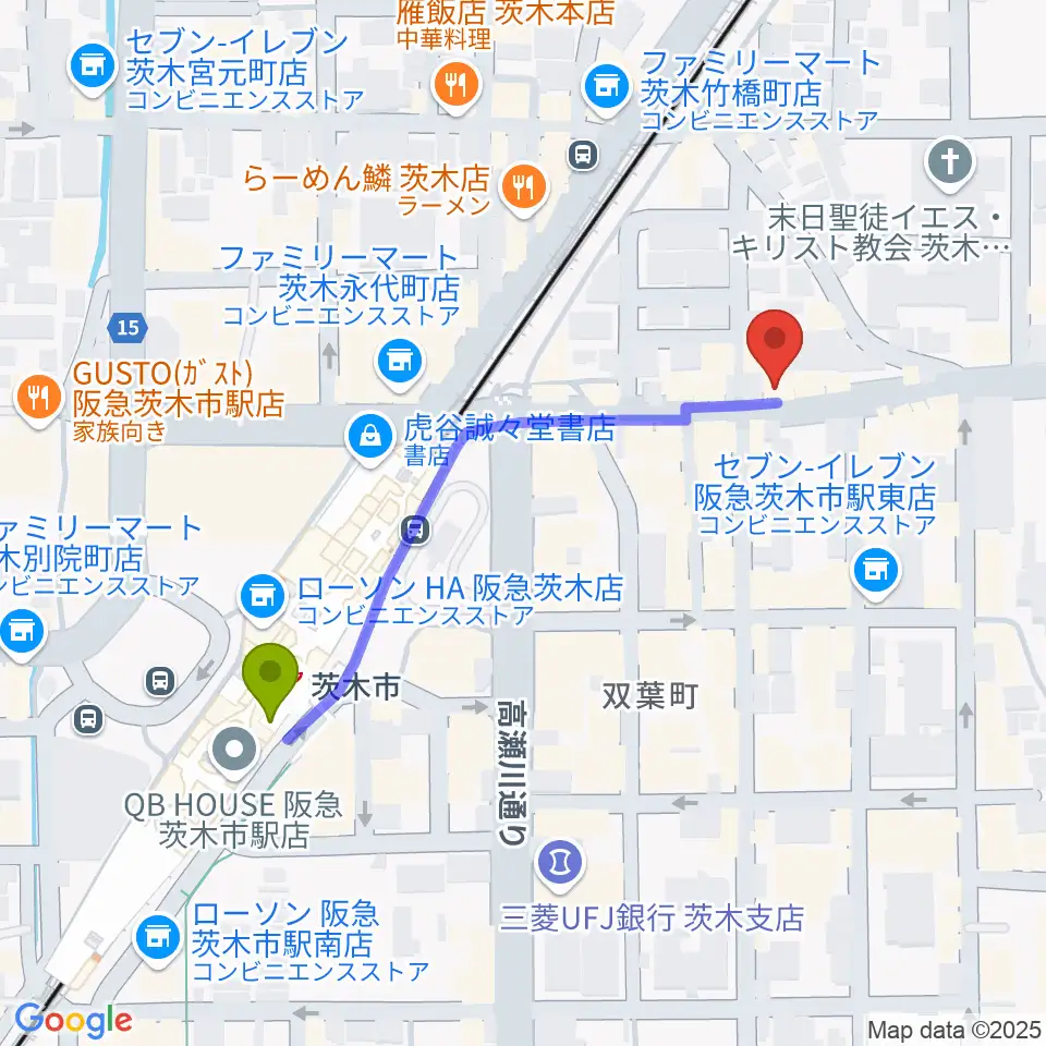 マリアナカフェの最寄駅茨木市駅からの徒歩ルート（約5分）地図