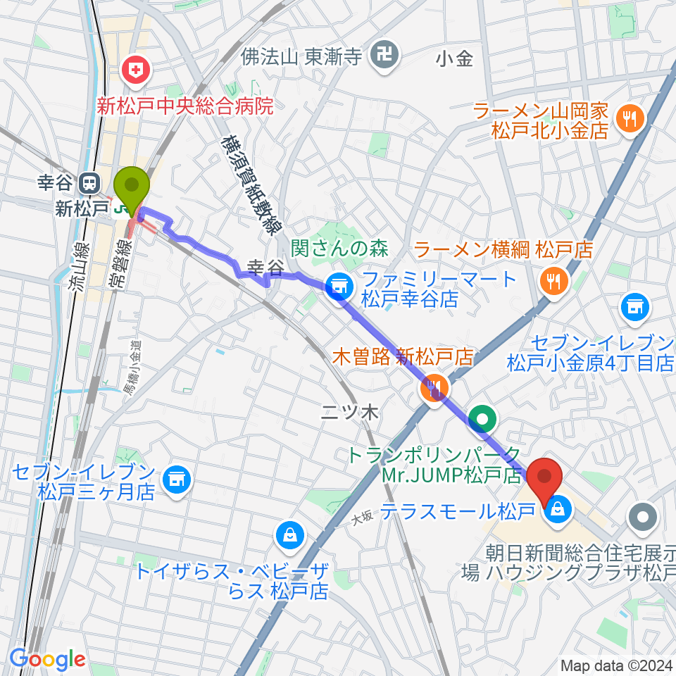 ユナイテッド・シネマ テラスモール松戸の最寄駅新松戸駅からの徒歩ルート（約23分）地図