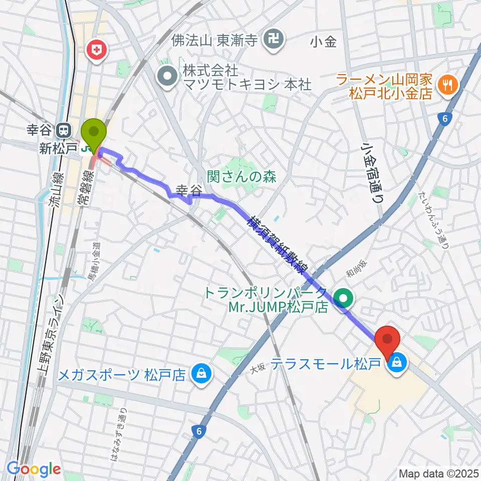 ユナイテッド・シネマ テラスモール松戸の最寄駅新松戸駅からの徒歩ルート（約23分）地図