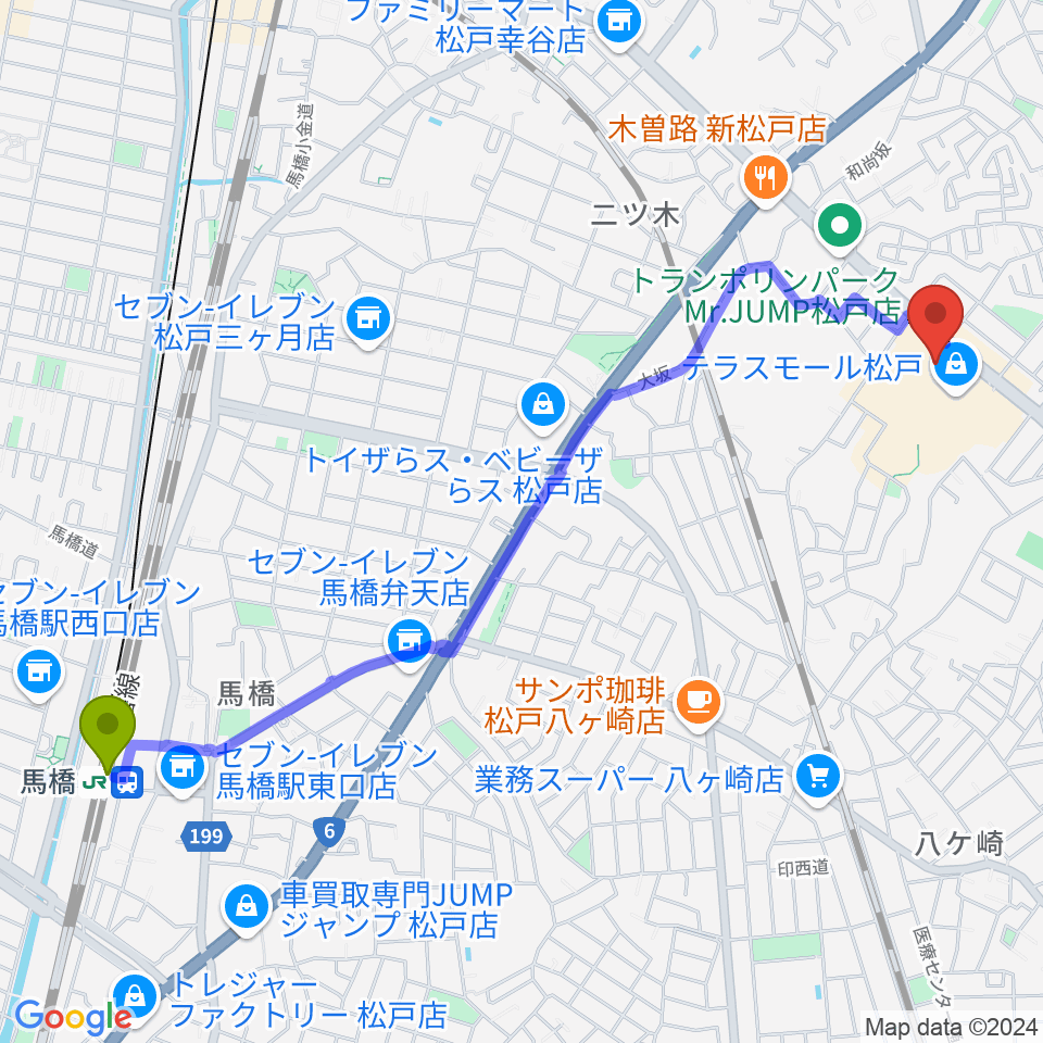 馬橋駅からユナイテッド・シネマ テラスモール松戸へのルートマップ地図