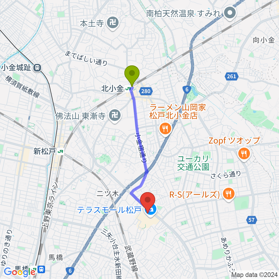 北小金駅からユナイテッド・シネマ テラスモール松戸へのルートマップ地図