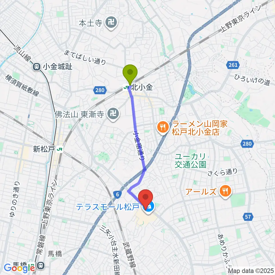 北小金駅からユナイテッド・シネマ テラスモール松戸へのルートマップ地図
