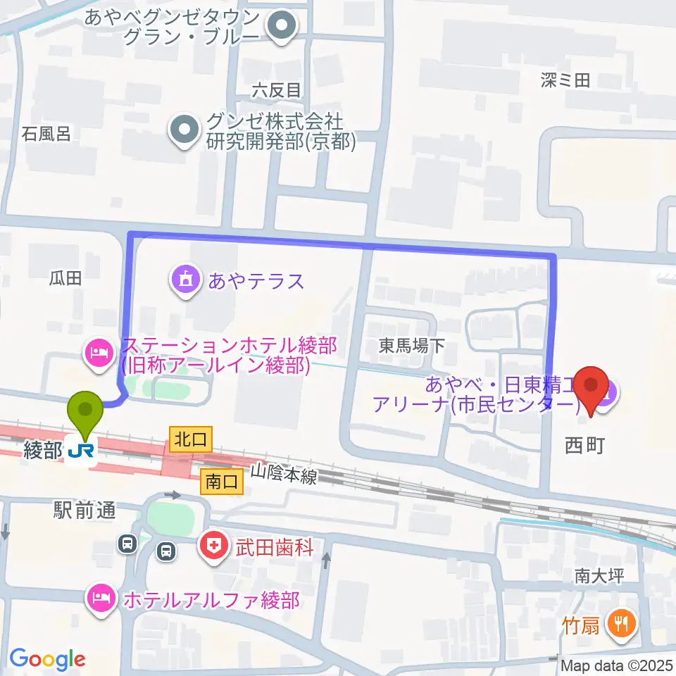 あやべ・日東精工アリーナの最寄駅綾部駅からの徒歩ルート（約6分）地図