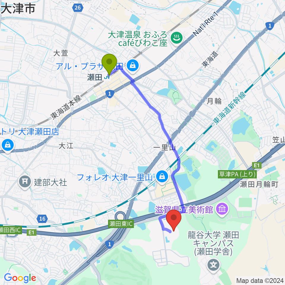 木下カンセーアイスアリーナの最寄駅瀬田駅からの徒歩ルート（約37分）地図