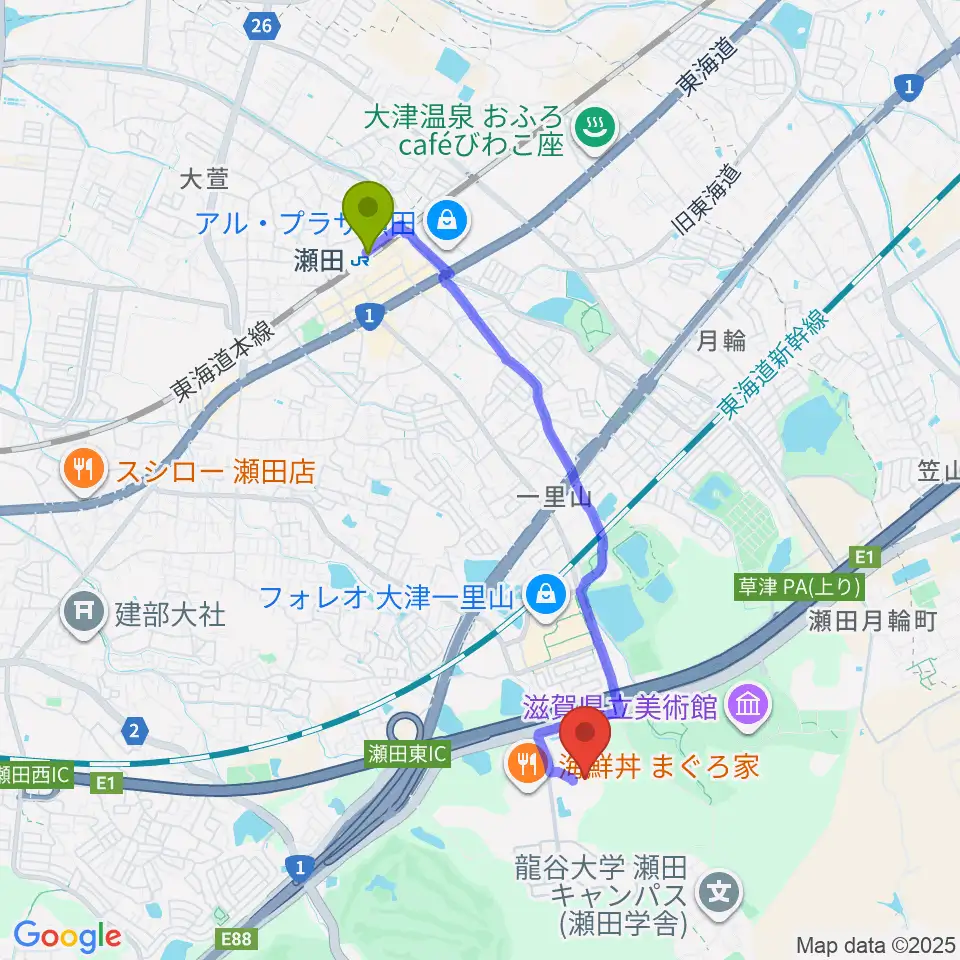 木下カンセーアイスアリーナの最寄駅瀬田駅からの徒歩ルート（約37分）地図