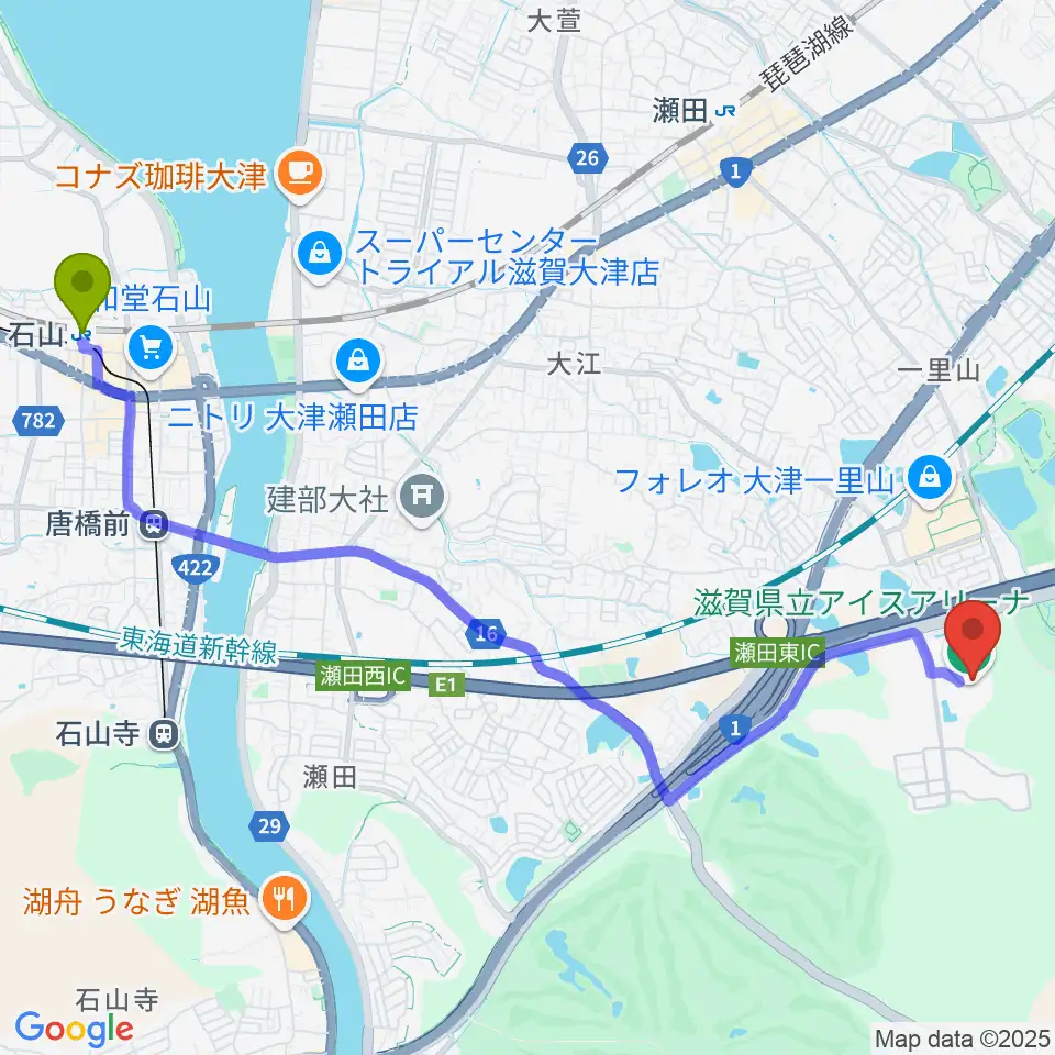 石山駅から木下カンセーアイスアリーナへのルートマップ地図