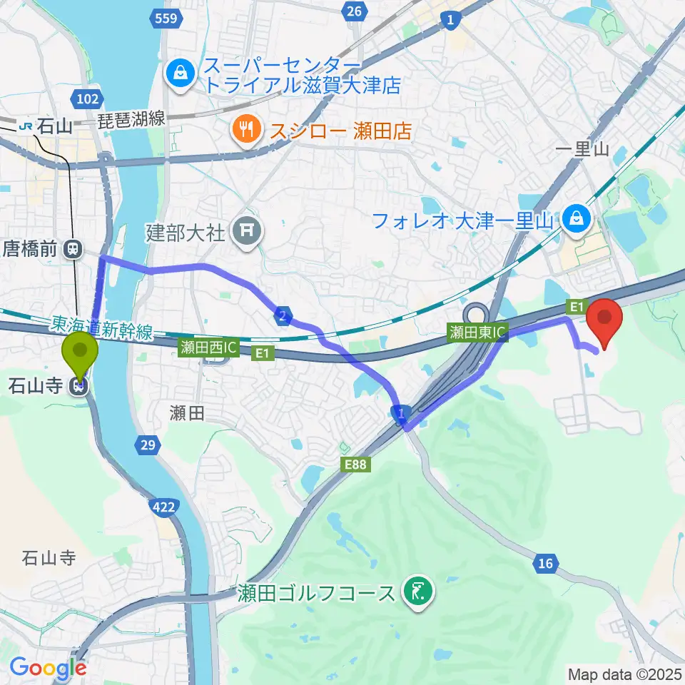 石山寺駅から木下カンセーアイスアリーナへのルートマップ地図