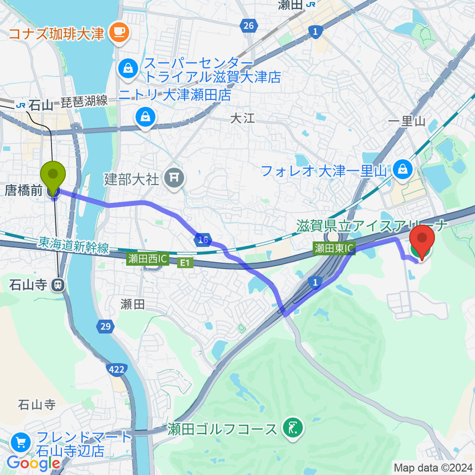 唐橋前駅から木下カンセーアイスアリーナへのルートマップ地図