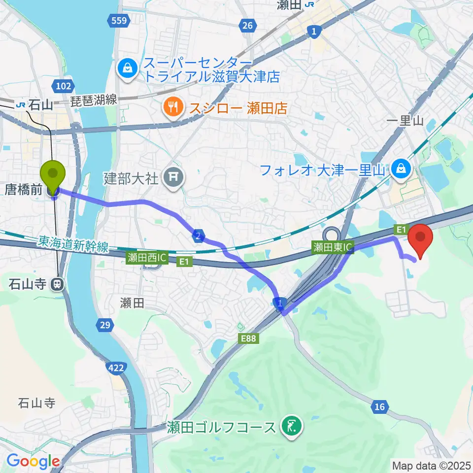 唐橋前駅から木下カンセーアイスアリーナへのルートマップ地図