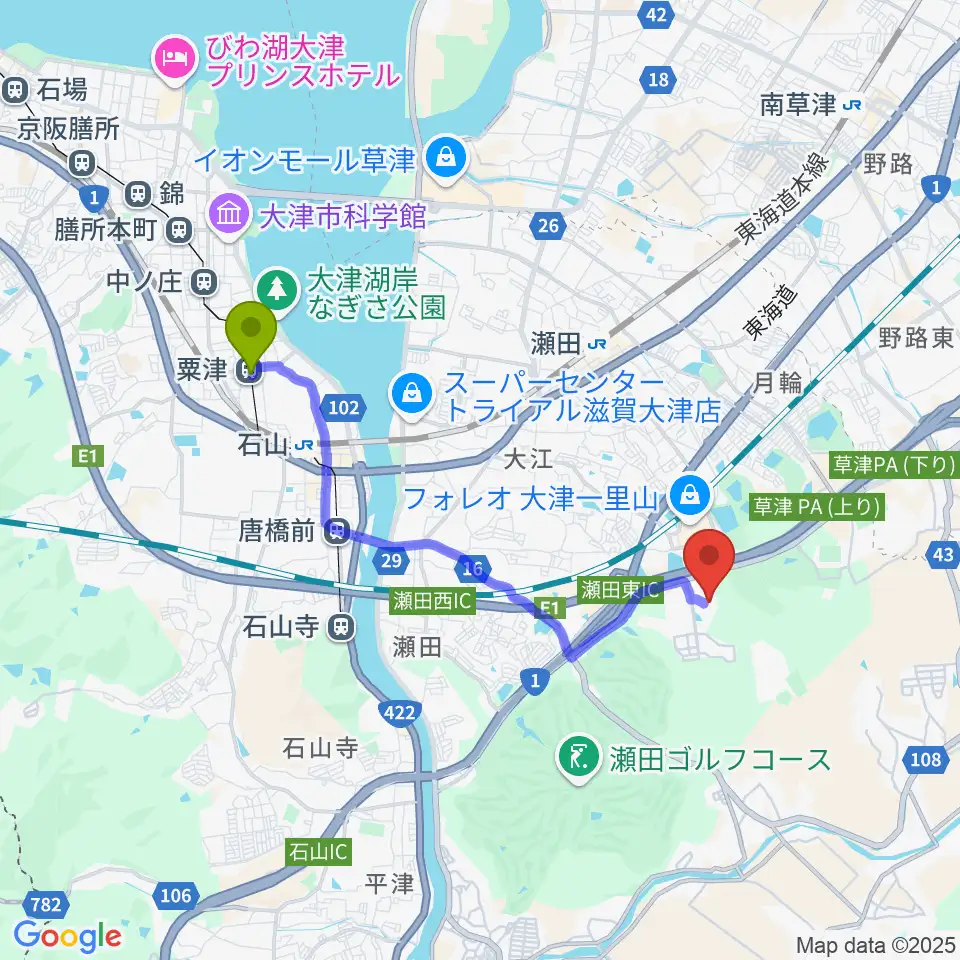 粟津駅から木下カンセーアイスアリーナへのルートマップ地図