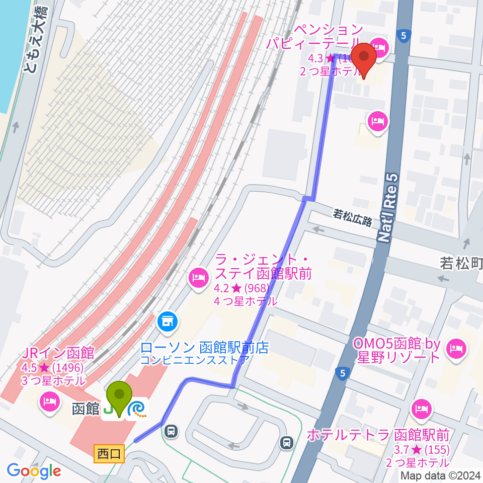 函館ARARAの最寄駅函館駅からの徒歩ルート（約6分）地図