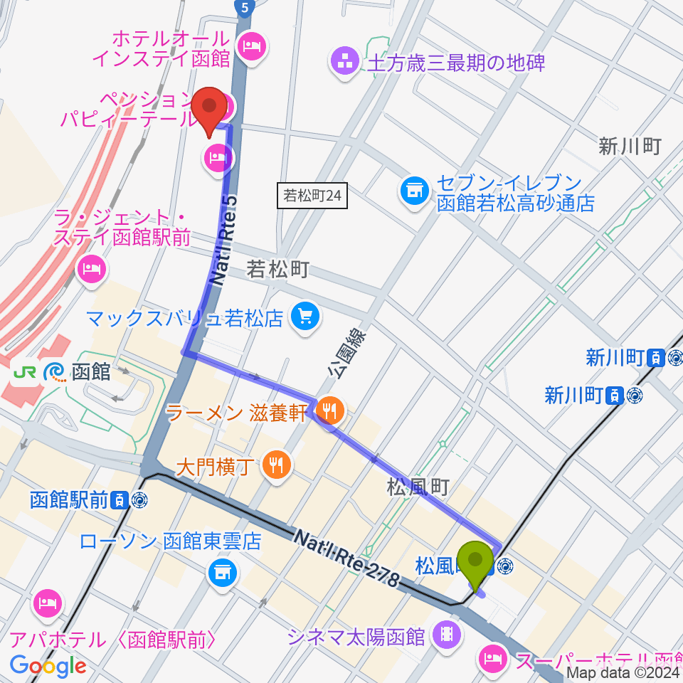 松風町駅から函館ARARAへのルートマップ地図