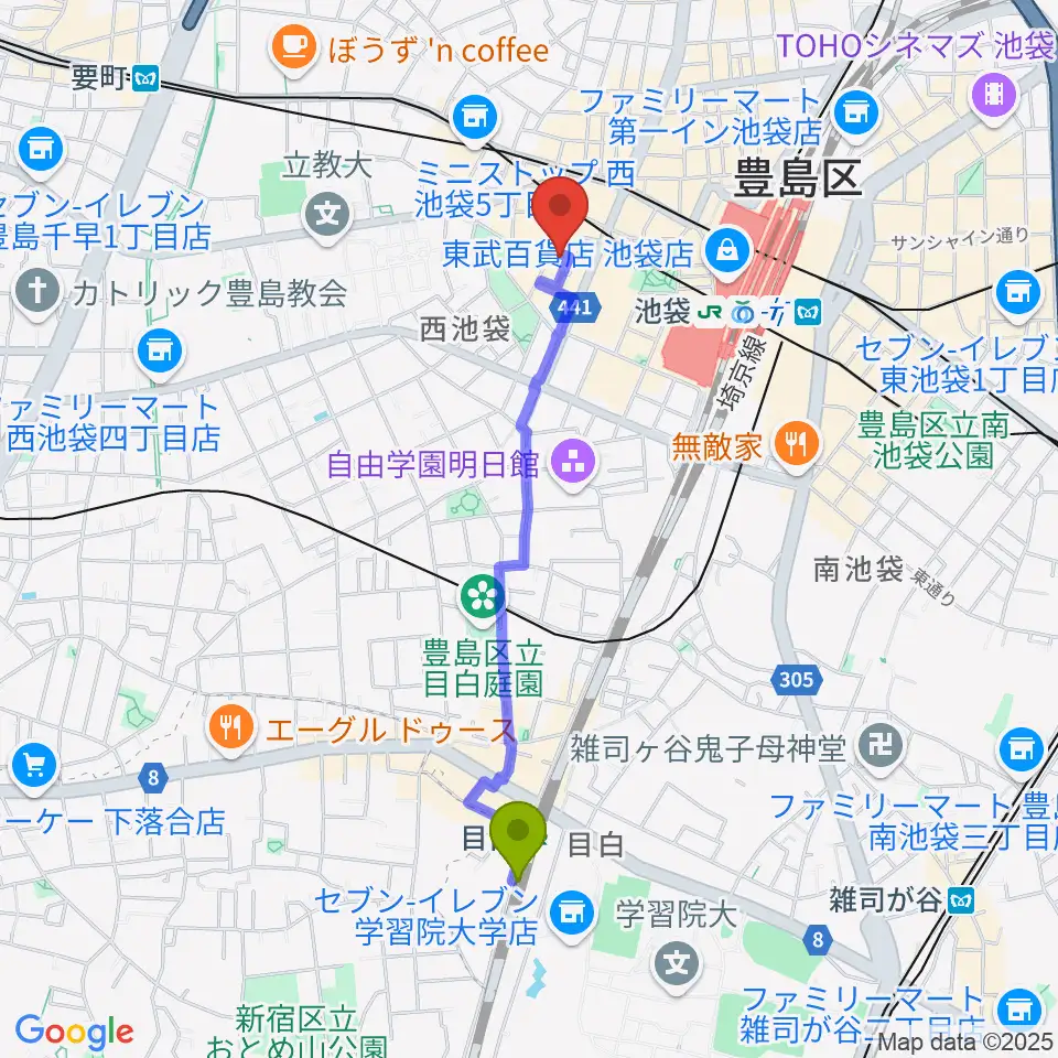 目白駅からクワトロ弦楽器へのルートマップ地図