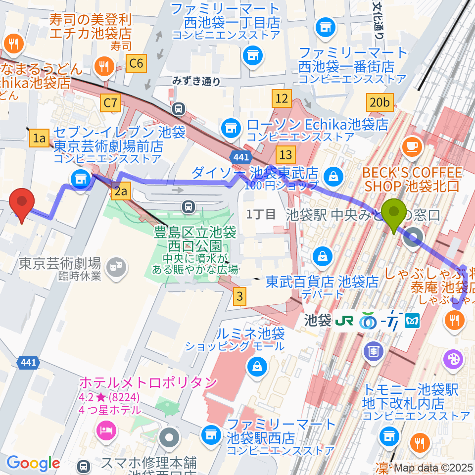 クワトロ弦楽器の最寄駅池袋駅からの徒歩ルート（約6分）地図