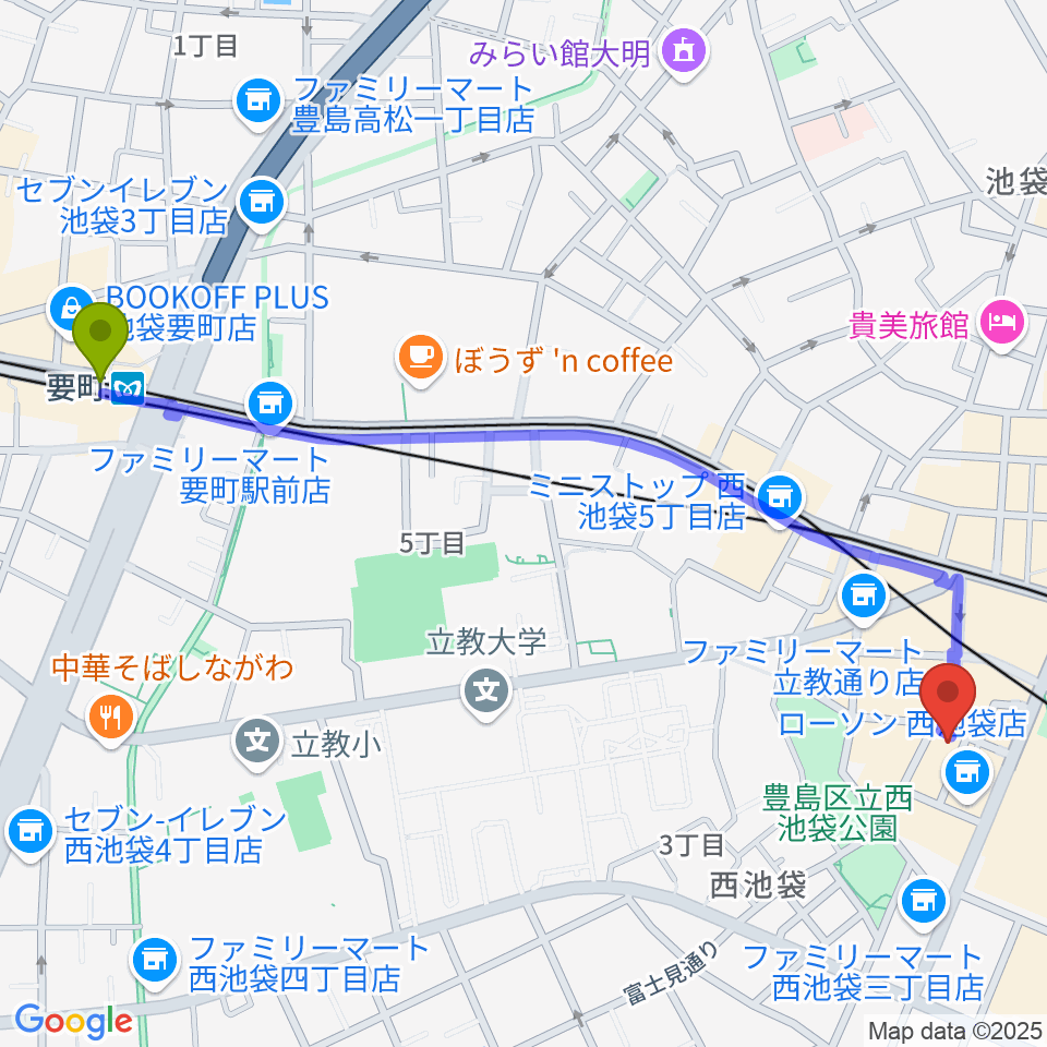 要町駅からクワトロ弦楽器へのルートマップ地図