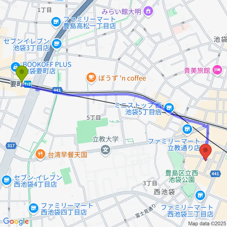 要町駅からクワトロ弦楽器へのルートマップ地図