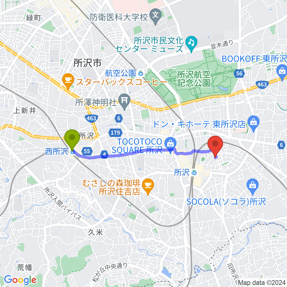 西所沢駅からアミュージング・グレースへのルートマップ地図