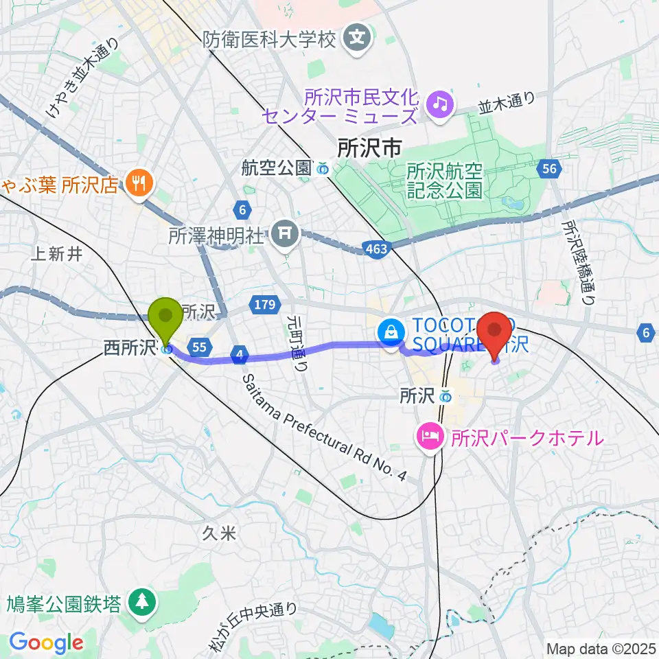 西所沢駅からアミュージング・グレースへのルートマップ地図