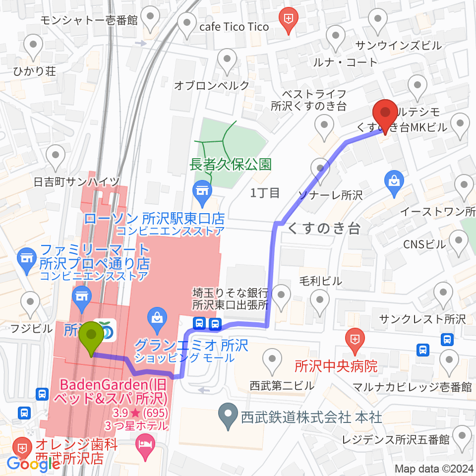 アミュージング・グレースの最寄駅所沢駅からの徒歩ルート（約6分）地図