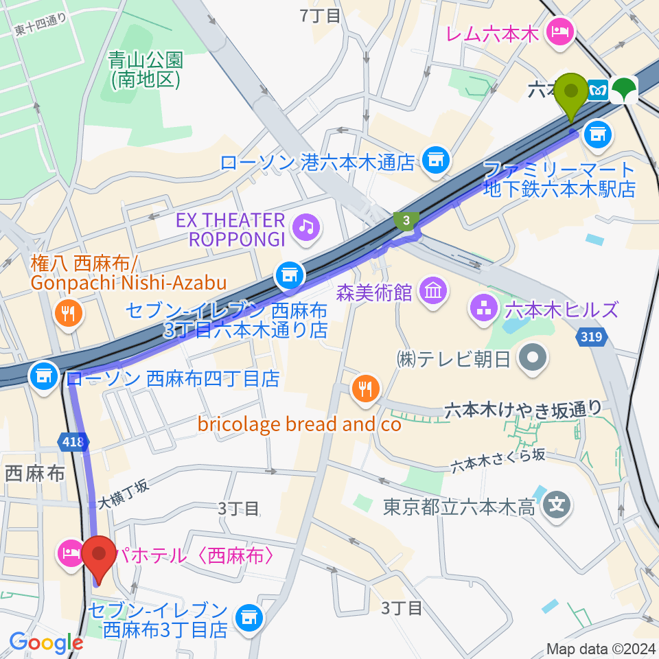 六本木駅からユニプライベートスタジオへのルートマップ地図