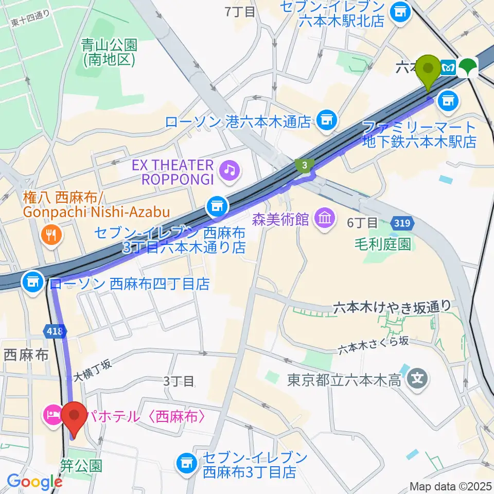 六本木駅からユニプライベートスタジオへのルートマップ地図