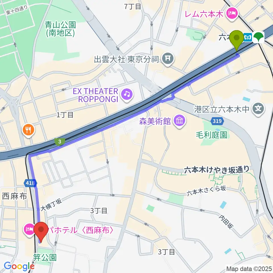 六本木駅からユニプライベートスタジオへのルートマップ地図