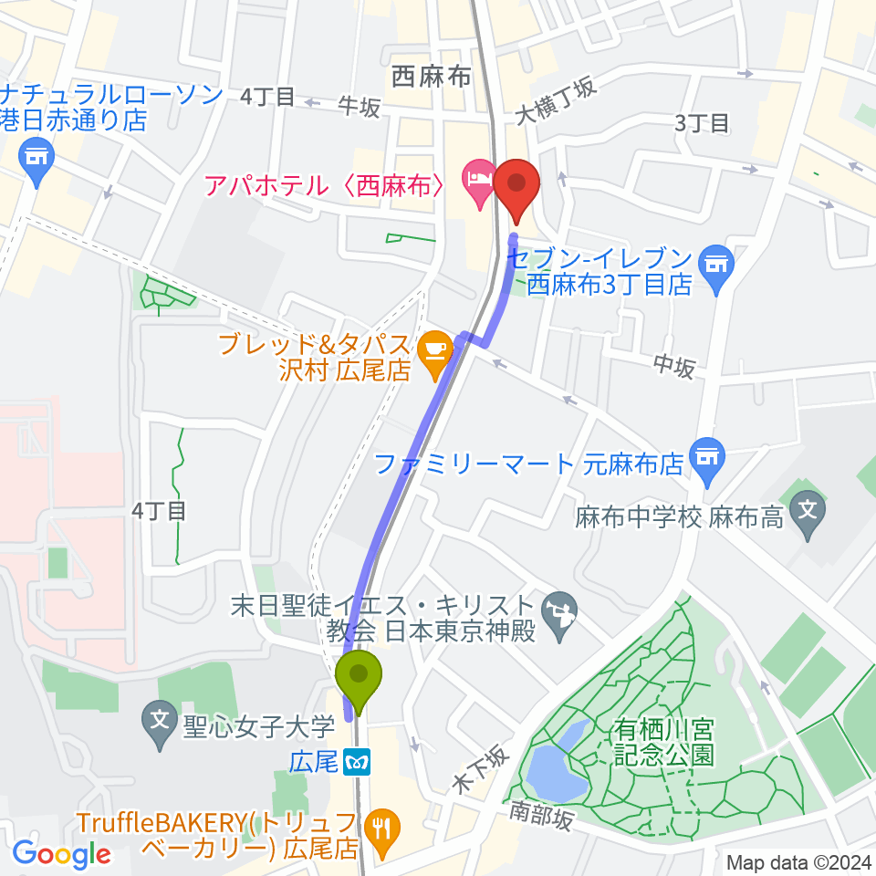 ユニプライベートスタジオの最寄駅広尾駅からの徒歩ルート（約9分）地図