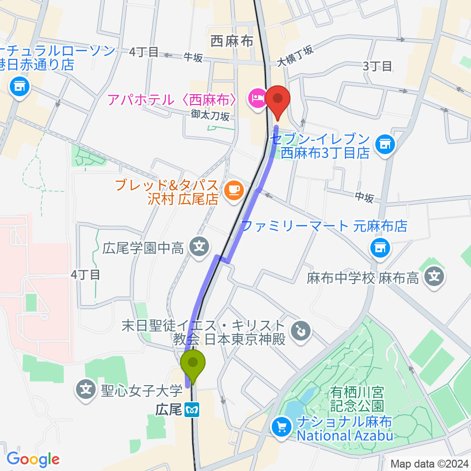 ユニプライベートスタジオの最寄駅広尾駅からの徒歩ルート（約9分）地図