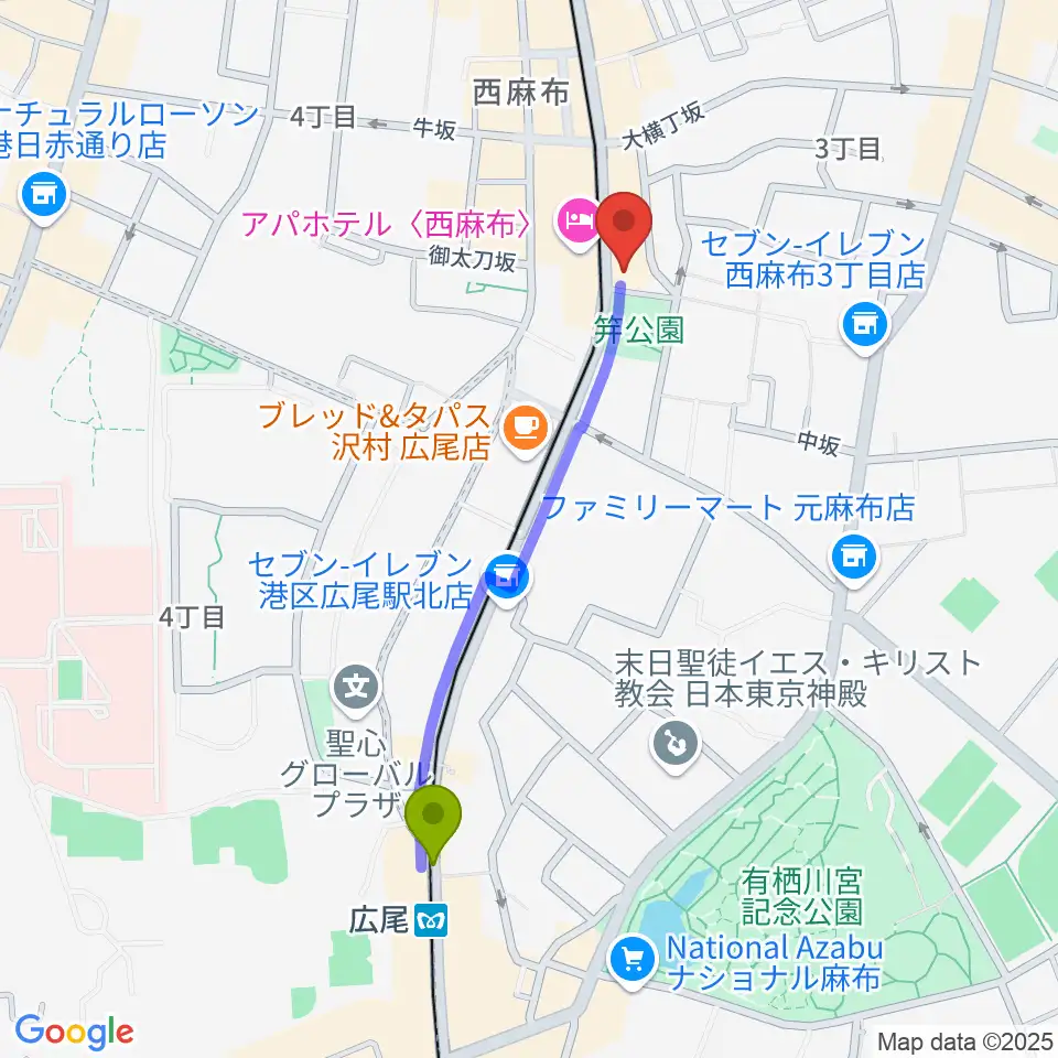 ユニプライベートスタジオの最寄駅広尾駅からの徒歩ルート（約9分）地図