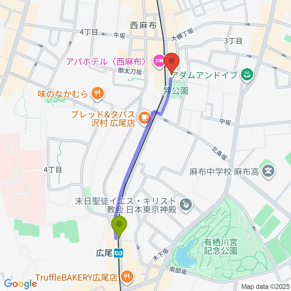 ユニプライベートスタジオの最寄駅広尾駅からの徒歩ルート（約9分）地図