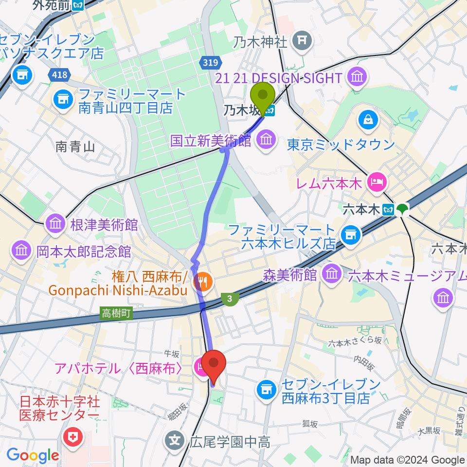 乃木坂駅からユニプライベートスタジオへのルートマップ地図