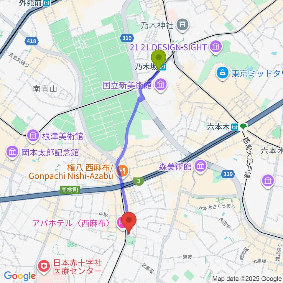 乃木坂駅からユニプライベートスタジオへのルートマップ地図