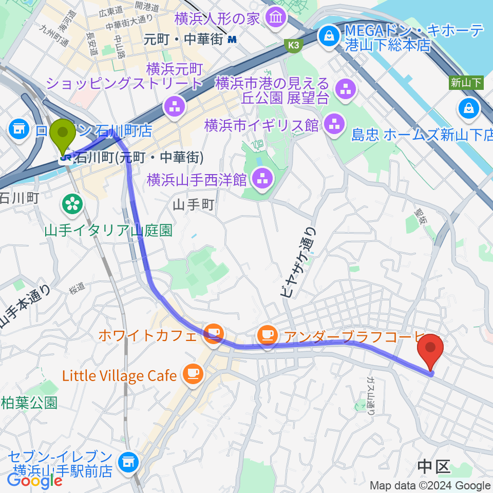 石川町駅からマリンFMへのルートマップ地図