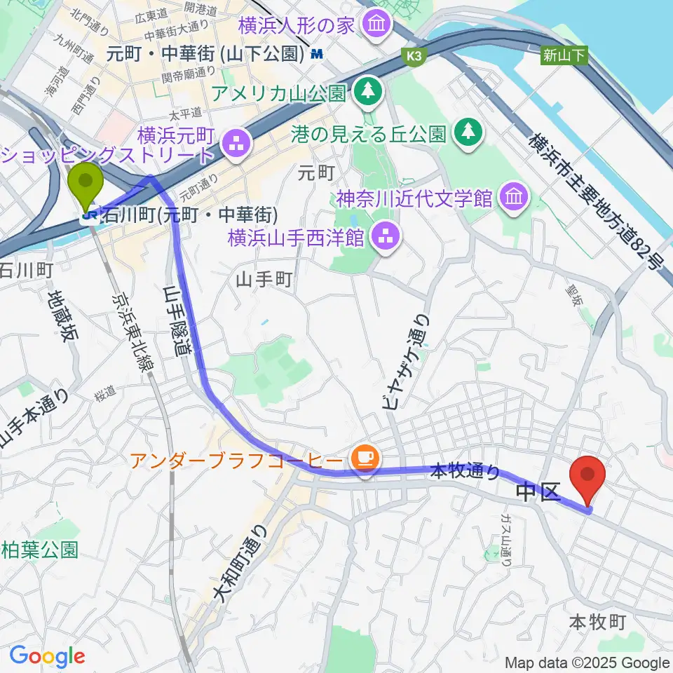 石川町駅からマリンFMへのルートマップ地図