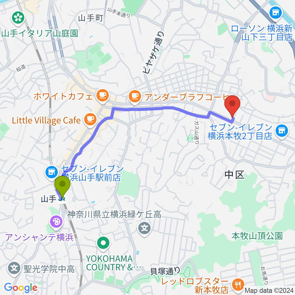 マリンFMの最寄駅山手駅からの徒歩ルート（約20分）地図