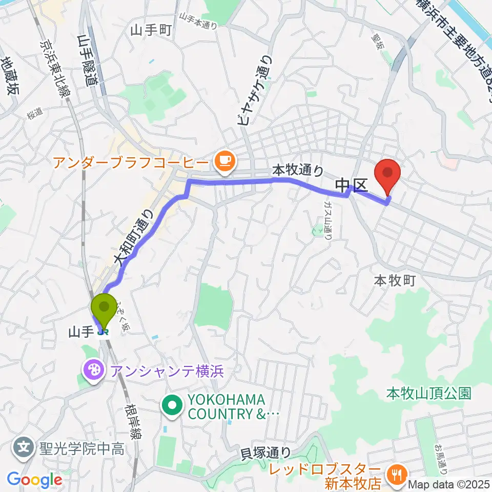 マリンFMの最寄駅山手駅からの徒歩ルート（約20分）地図