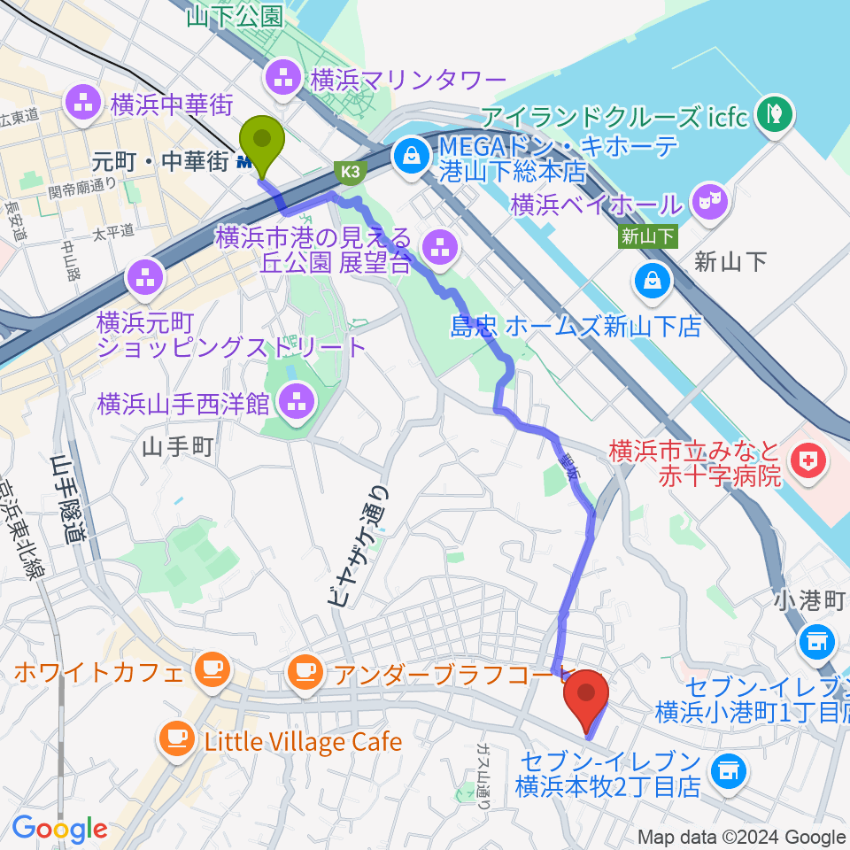 元町・中華街駅からマリンFMへのルートマップ地図