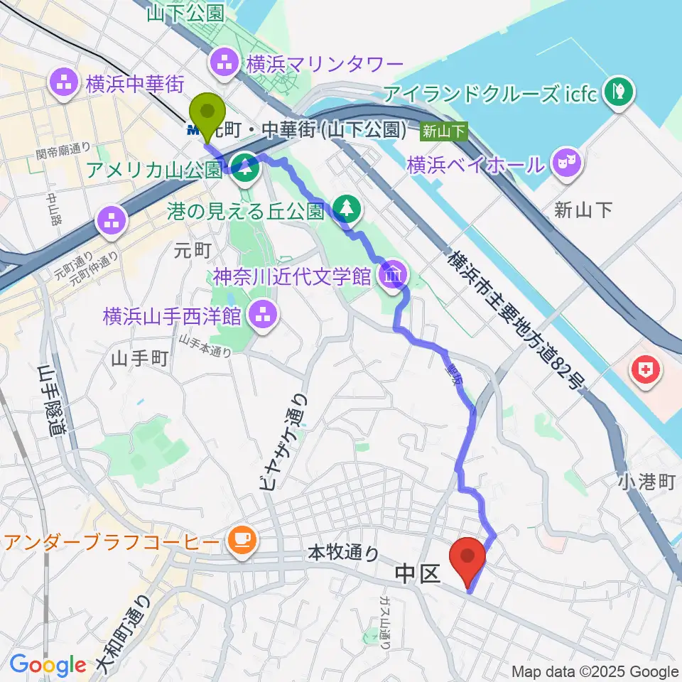 元町・中華街駅からマリンFMへのルートマップ地図