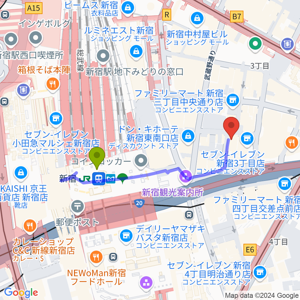 新宿駅からK’s cinemaへのルートマップ地図