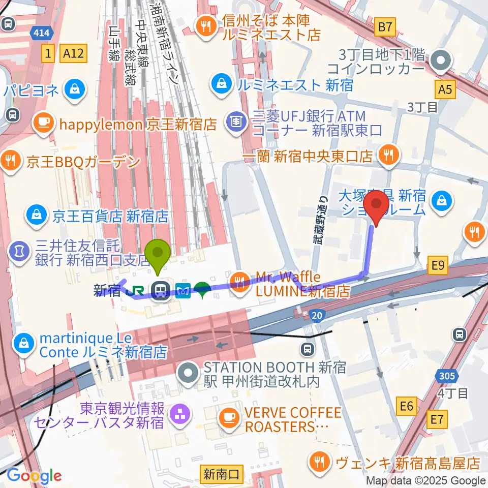 新宿駅からK’s cinemaへのルートマップ地図