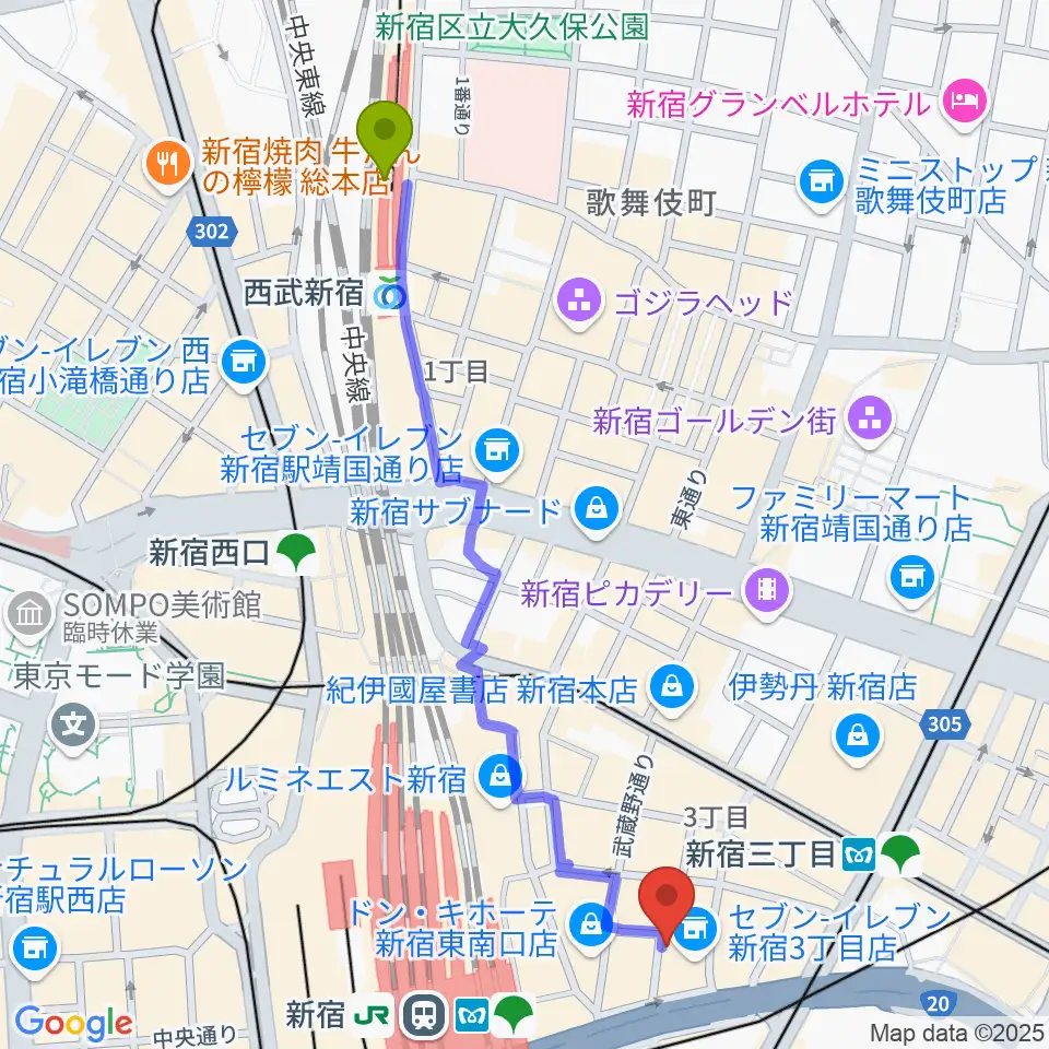 西武新宿駅からK’s cinemaへのルートマップ地図