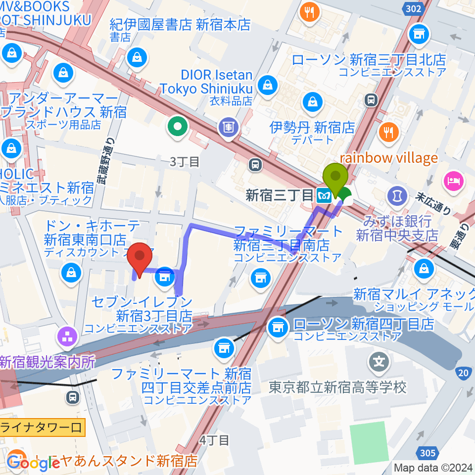 K’s cinemaの最寄駅新宿三丁目駅からの徒歩ルート（約3分）地図